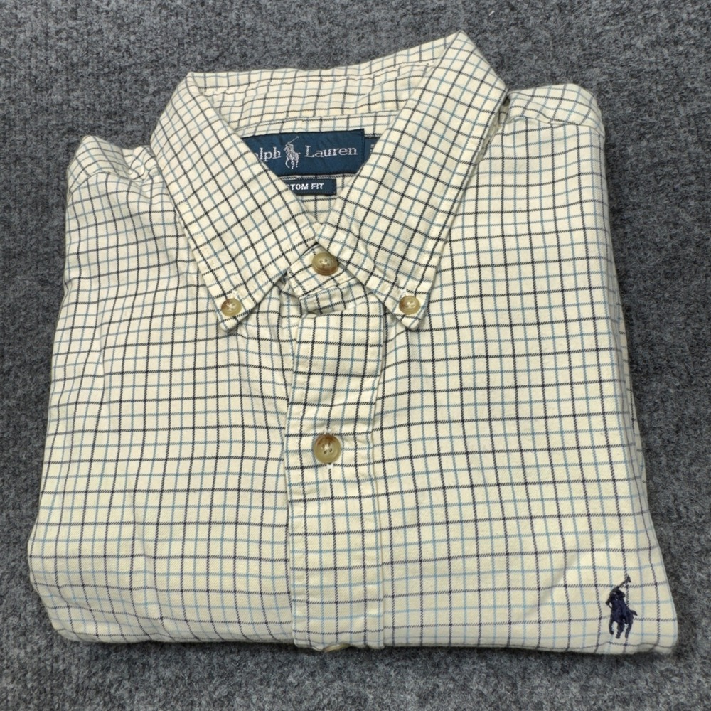 Polo Ralph Lauren Shirt Mens XL Beige Tattersall Check Custom Fit Button Down